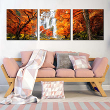 Load image into Gallery viewer, waterfall  autumn  canvas  wall  art  orange  trees  forest  waterfall  3  piece  canvas  print  thailand  white  waterfall  multi  canvas In Living Room
