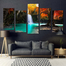 Load image into Gallery viewer, waterfall forest canvas wall art waterfall scenic 5 piece multi canvas artwork red green trees waterfall canvas print For Living room
