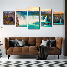 Load image into Gallery viewer, waterfall iceland canvas wall art godafoss waterfall yellow sky 5 piece multi canvas sea green skjalfandafljot river canvas print In Living Room
