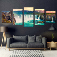 Load image into Gallery viewer, waterfall iceland canvas wall art godafoss waterfall yellow sky 5 piece multi canvas sea green skjalfandafljot river canvas print For Living Room
