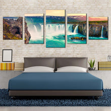 Load image into Gallery viewer, waterfall iceland canvas wall art godafoss waterfall yellow sky 5 piece multi canvas sea green skjalfandafljot river canvas print For Bedroom
