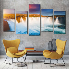 Load image into Gallery viewer, waterfall iceland canvas wall art yellow sunset europe landscape waterfall canvas print blue skjalfandafljot river godafoss waterfall 5 piece canvas In Living room
