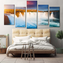 Load image into Gallery viewer, waterfall iceland canvas wall art yellow sunset europe landscape waterfall canvas print blue skjalfandafljot river godafoss waterfall 5 piece canvas For Bedroom
