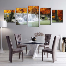 Load image into Gallery viewer, waterfall lake canvas wall art thailand green waterfall river canvas print orange trees forest waterfall 5 piece multi canvas artwork For Dining Room
