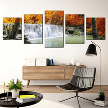 Load image into Gallery viewer, waterfall lake canvas wall art thailand green waterfall river canvas print orange trees forest waterfall 5 piece multi canvas artwork In Living room
