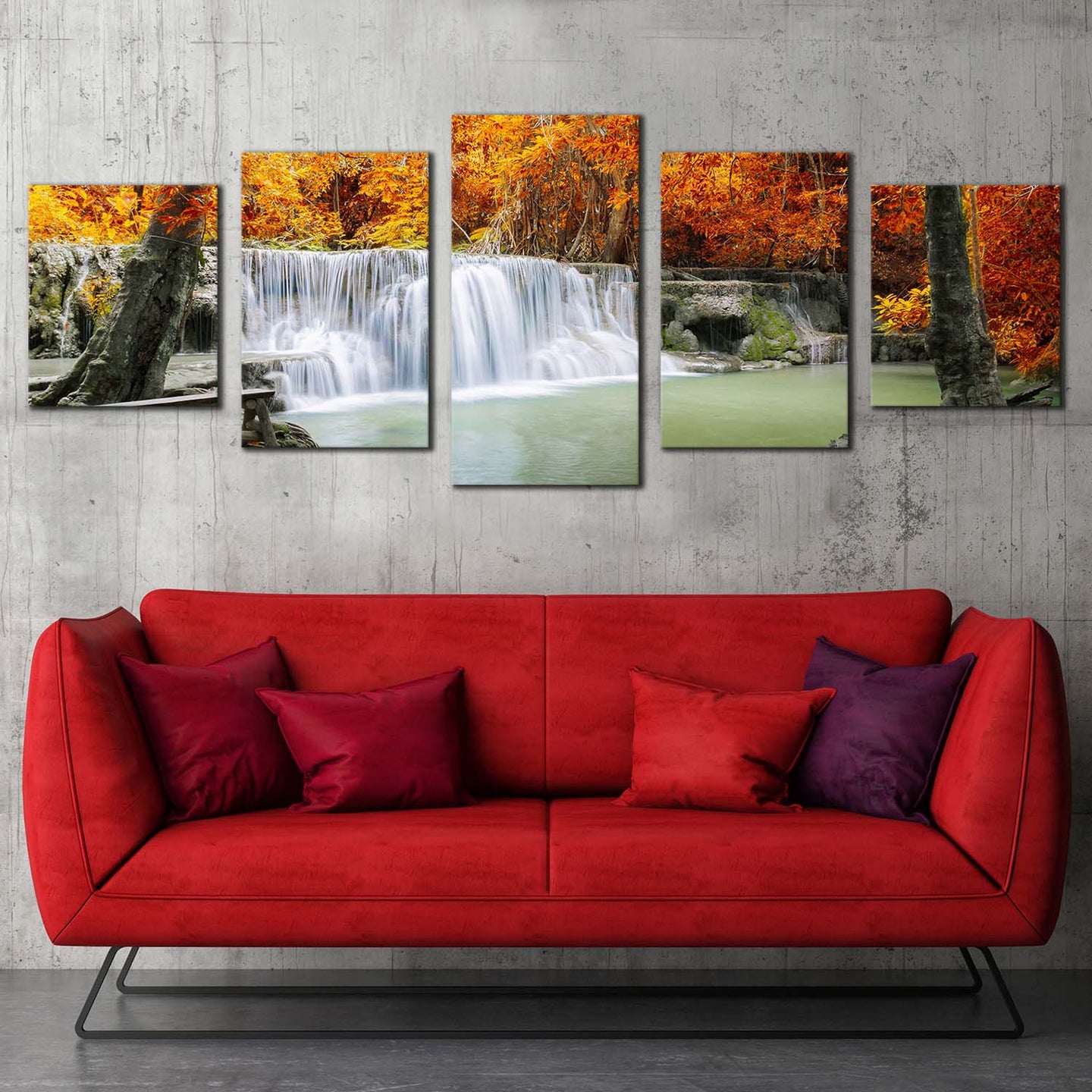 waterfall lake canvas wall art thailand green waterfall river canvas print orange trees forest waterfall 5 piece multi canvas artwork For Living room