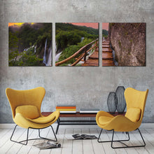 Load image into Gallery viewer, waterfall  landscape  canvas  print  green  national  park  plitvice  lake  canvas  set  brown  wooden  bridge  3  piece  canvas  wall  art In Living Room
