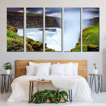 Load image into Gallery viewer, waterfall landscape canvas wall art river in green iceland europe multi canvas artwork europe white waterfall 5 piece canvas print For Bedroom
