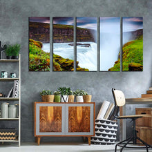 Load image into Gallery viewer, waterfall landscape canvas wall art river in green iceland europe multi canvas artwork europe white waterfall 5 piece canvas print
