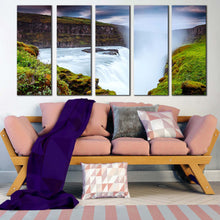 Load image into Gallery viewer, waterfall landscape canvas wall art river in green iceland europe multi canvas artwork europe white waterfall 5 piece canvas print In Living Room
