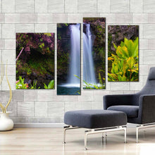 Load image into Gallery viewer, waterfall nature canvas wall art beautiful white waterfall 4 piece canvas set majestic green forest scenery waterfall canvas print for living room
