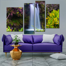 Load image into Gallery viewer, waterfall nature canvas wall art beautiful white waterfall 4 piece canvas set majestic green forest scenery waterfall canvas print in living room
