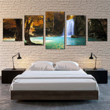 Load image into Gallery viewer, waterfall paradise canvas wall art thailand orange trees forest 5 piece canvas print beautiful blue kanchanaburi waterfall scenic multiple canvas For Bedroom
