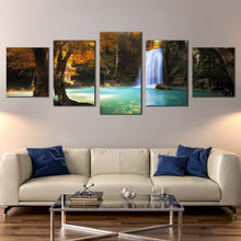 Load image into Gallery viewer, waterfall paradise canvas wall art thailand orange trees forest 5 piece canvas print beautiful blue kanchanaburi waterfall scenic multiple canvas For Living room
