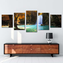 Load image into Gallery viewer, waterfall paradise canvas wall art thailand orange trees forest 5 piece canvas print beautiful blue kanchanaburi waterfall scenic multiple canvas
