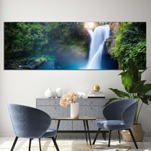 Load image into Gallery viewer, waterfall  paradise  canvas  wall  art  white  waterfall  in  jungle  wide  canvas  artwork  beautiful  green  forest  water  scene  1  piece  canvas  print In Living Room
