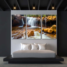 Load image into Gallery viewer, waterfall rocks canvas print taiwan white waterfall 3 piece canvas wall art golden waterfall in jinguash multi canvas In Bedroom
