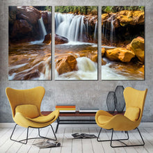 Load image into Gallery viewer, waterfall rocks canvas print taiwan white waterfall 3 piece canvas wall art golden waterfall in jinguash multi canvas In Living Room
