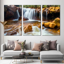 Load image into Gallery viewer, waterfall rocks canvas print taiwan white waterfall 3 piece canvas wall art golden waterfall in jinguash multi canvas For Living Room
