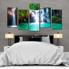 Load image into Gallery viewer, waterfall scene canvas wall art beautiful white waterfall scenery 5 piece canvas print stunning green waterfall in nature multiple canvas In Bedroom
