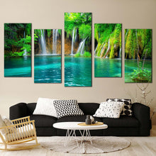 Load image into Gallery viewer, waterfall scenery canvas print croatia green forest waterfall 5 piece canvas wall art blue plitvice lakes multiple canvas For Living room
