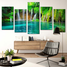 Load image into Gallery viewer, waterfall scenery canvas print croatia green forest waterfall 5 piece canvas wall art blue plitvice lakes multiple canvas In Living room
