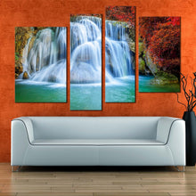 Load image into Gallery viewer, waterfall scenery canvas print kanchanaburi colorful autumn waterfall canvas wall art thailand huai mae khamin waterfall 4 piece canvas set for your living room 
