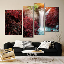 Load image into Gallery viewer, waterfall scenery canvas wall art amazing red trees forest waterfall 4 piece canvas print beautiful white waterfall multiple canvas for living room
