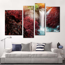 Load image into Gallery viewer, waterfall scenery canvas wall art amazing red trees forest waterfall 4 piece canvas print beautiful white waterfall multiple canvas for your living room 
