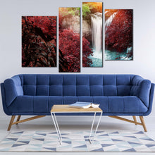 Load image into Gallery viewer, waterfall scenery canvas wall art amazing red trees forest waterfall 4 piece canvas print beautiful white waterfall multiple canvas in living room
