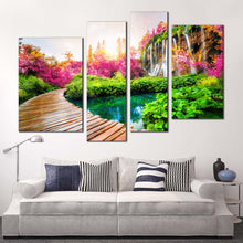 Load image into Gallery viewer, waterfall scenery canvas wall art beautiful colorful waterfall landscape 4 piece multiple canvas path trail paradise national park canvas print in living room
