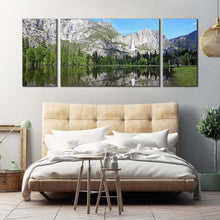 Load image into Gallery viewer, waterfall scenery canvas wall art california white sierra nevada mountains 3 piece canvas set green yosemite national park waterfall triptych canvas print In Bedroom
