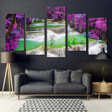 Load image into Gallery viewer, waterfall scenery canvas print colorful forest waterfall 5 piece canvas wall art amazing waterfall scene multi canvas artwork In Living room
