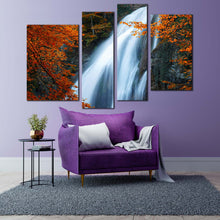 Load image into Gallery viewer, waterfall scenery canvas wall art fluid white waterfall forest 4 piece multi canvas amazing waterfall stream orange trees canvas print for living room
