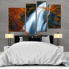 Load image into Gallery viewer, waterfall scenery canvas wall art fluid white waterfall forest 4 piece multi canvas amazing waterfall stream orange trees canvas print in bedroom
