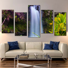 Load image into Gallery viewer, waterfall scenery canvas wall art green forest nature waterfall canvas print majestic white waterfall 5 piece canvas In Living room
