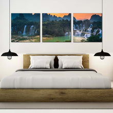 Load image into Gallery viewer, waterfall  scenery  canvas  wall  art  green  vietnam  landscape  banyue  waterfall  3  piece  canvas  set  detian  waterfall  guangxi  orange  sunset  triptych  canvas  print For Bedroom
