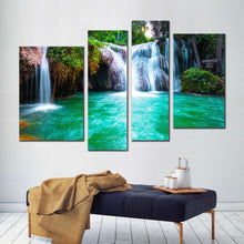 Load image into Gallery viewer, waterfall scenery canvas wall art thailand green waterfall nature 4 piece canvas print white than sawan waterfall multi canvas in living room
