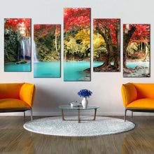 Load image into Gallery viewer, waterfall scenery canvas wall art thailand waterfall nature multiple canvas colorful erawan national park forest 5 piece canvas print For Living Room
