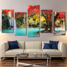 Load image into Gallery viewer, waterfall scenery canvas wall art thailand waterfall nature multiple canvas colorful erawan national park forest 5 piece canvas print In Living Room
