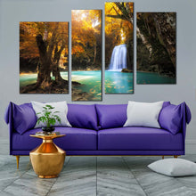 Load image into Gallery viewer, waterfall scenery canvas wall art waterfall orange trees multi canvas blue kanchanaburi waterfall canvas print thailand forest 4 piece canvas set for living room
