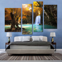 Load image into Gallery viewer, waterfall scenery canvas wall art waterfall orange trees multi canvas blue kanchanaburi waterfall canvas print thailand forest 4 piece canvas set for your bedroom
