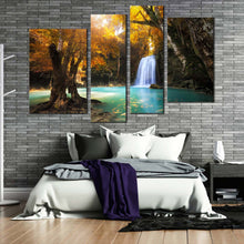 Load image into Gallery viewer, waterfall scenery canvas wall art waterfall orange trees multi canvas blue kanchanaburi waterfall canvas print thailand forest 4 piece canvas set in bedroom
