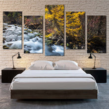 Load image into Gallery viewer, waterfall scenery canvas wall art white sichuan china falls 5 piece multi canvas artwork yellow pine forest mountain waterfall canvas print For Bedroom
