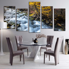 Load image into Gallery viewer, waterfall scenery canvas wall art white sichuan china falls 5 piece multi canvas artwork yellow pine forest mountain waterfall canvas print In Dining Room
