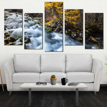 Load image into Gallery viewer, waterfall scenery canvas wall art white sichuan china falls 5 piece multi canvas artwork yellow pine forest mountain waterfall canvas print For Living room
