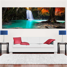 Load image into Gallery viewer, waterfall  scenic  canvas  print  stunning  waterfall  in  autumn  forest  canvas  artwork  red  green  trees  sun  waterfall  1  piece  canvas  wall  art In Living Room
