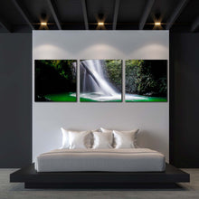 Load image into Gallery viewer, waterfall  scenic  canvas  wall  art  beautiful  white  waterfall  forest  scenery  3  piece  multi  canvas  green  cave  waterfall  canvas  print In Bedroom
