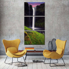 Load image into Gallery viewer, waterfall  sunrise  canvas  wall  art  green  mountain  waterfall  triptych  canvas  print  white  kvernufoss  waterfall  3  piece  canvas  set For Living Room
