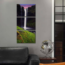 Load image into Gallery viewer, waterfall  sunrise  canvas  wall  art  green  mountain  waterfall  triptych  canvas  print  white  kvernufoss  waterfall  3  piece  canvas  set In Living Room
